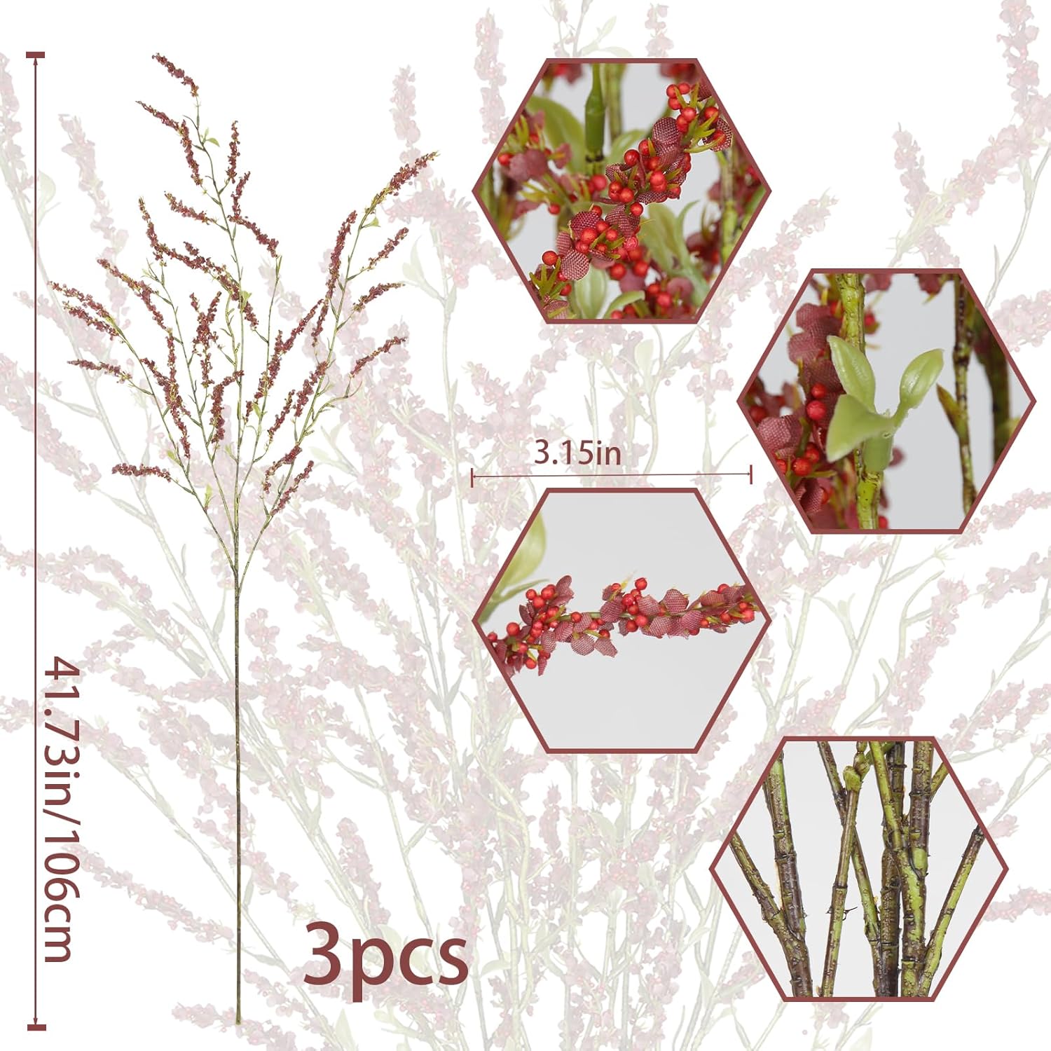 3 Pcs Artificial Flowers Branchs Wheat Stalks Bundle Fake Fall Flowers Stems With Mini Berries Brown Red Faux Floral Arrangements For Vase Home Wedding Centerpieces Thanskgiving Decor 42"