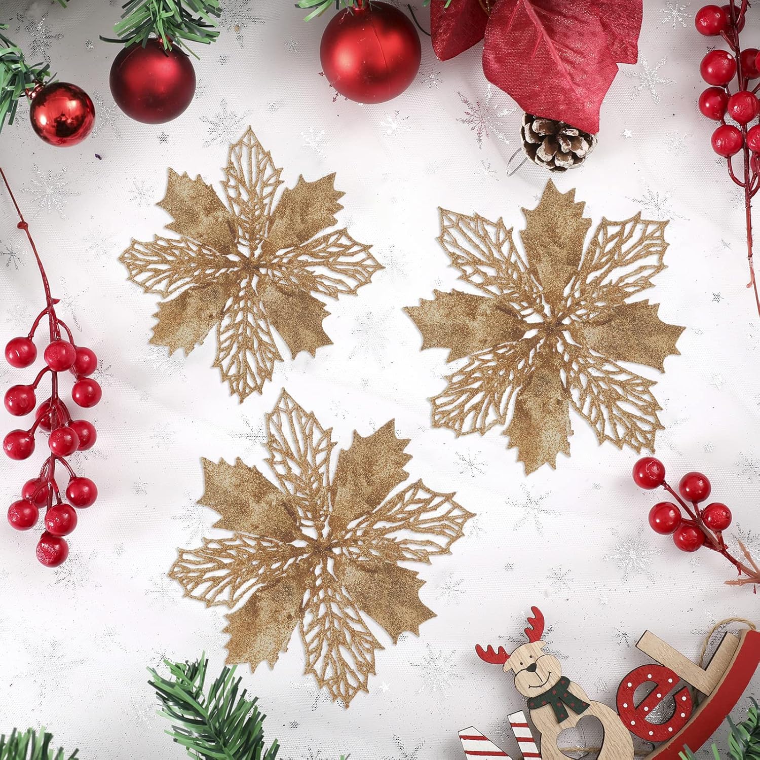 16 Pcs Glitter Poinsettia Flowers Artificial - Christmas Champagne Poinsettia Decorations Tree Flowers Ornaments For Xmas/Holiday/Seasonal/Wedding Decor