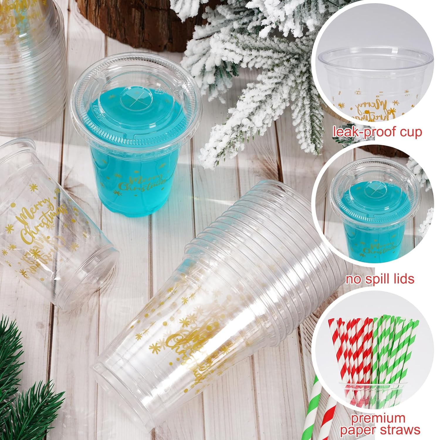 50 Pack 12Oz Christmas Disposable Cups With Lids Straws Gold Merry Christmas Plastic Glasses Cups Covers Red Green Straws For Xmas Winter Holiday Drinks Party Supplies
