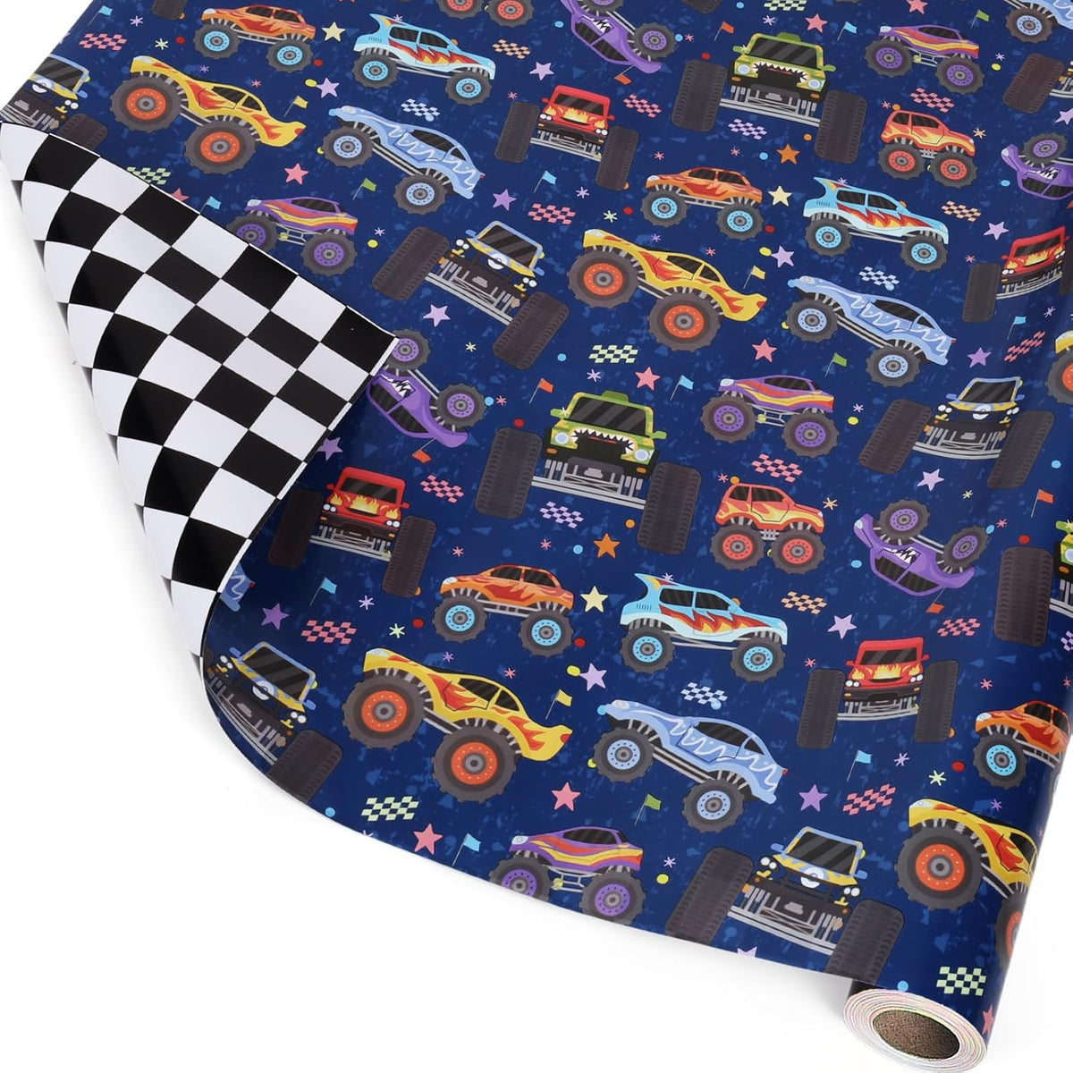 Monster Truck Reversible Wrapping Paper Mini Roll, Checkered Flag Design, Perfect For Kids And Boys Birthdays, 17" X 33'(46.7 Sq. Ft)