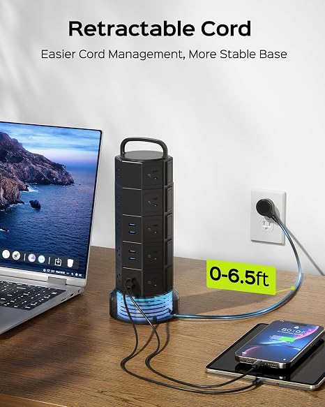 Power Strip Tower Surge Protector 20 AC 6 USB 6.5Ft Retractable Extension Cord