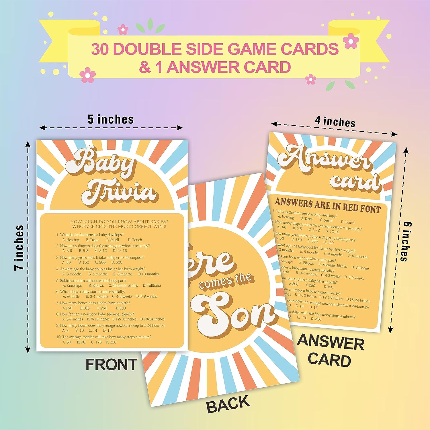 Trivia Game Set - Retro Sunshine Theme Baby Shower Party Activities - Pop Sun Theme Baby Shower Game Kit, Gender Reveal, Announcement Party & Supplies (Pack Of 30 With Answer Card)-B06