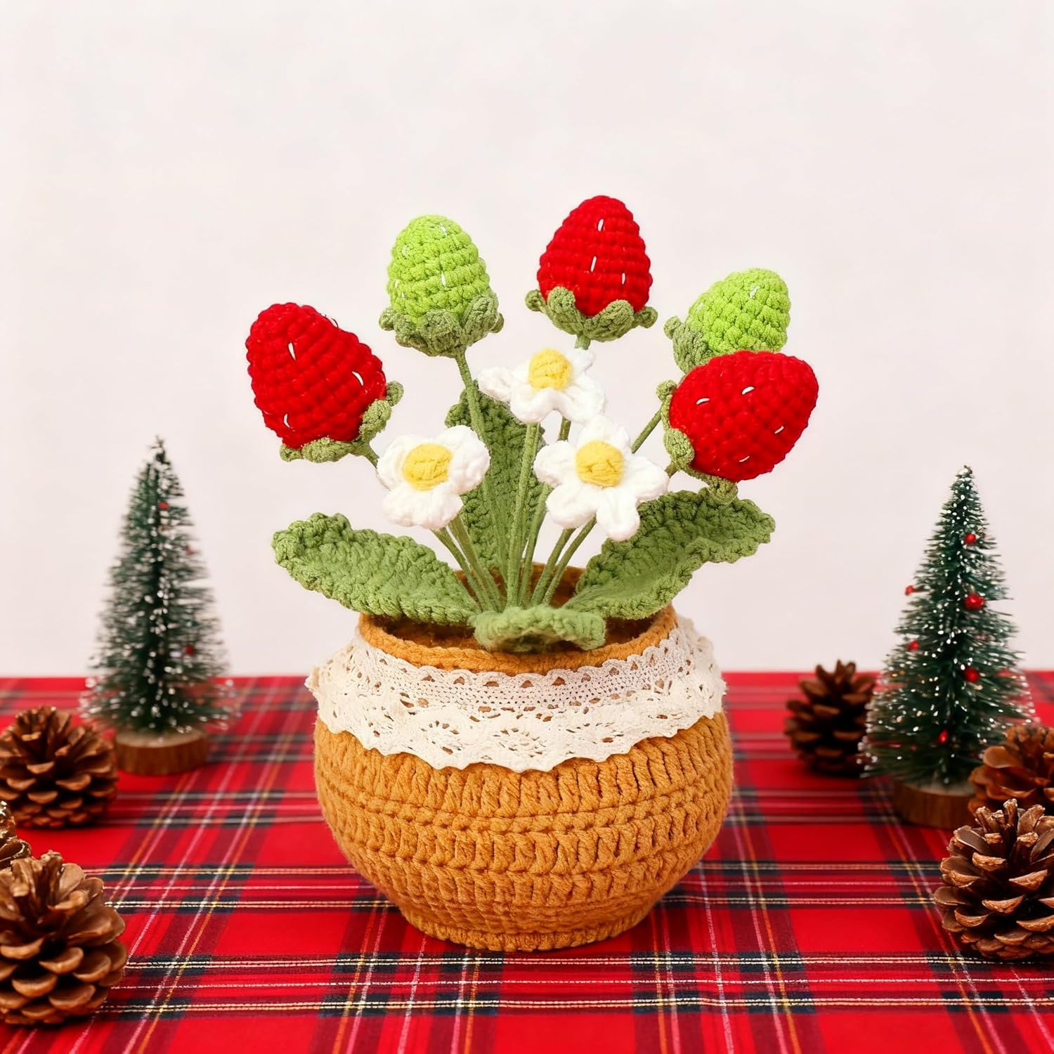 5.8" Knitting Crochet Flowers Potted Plants Artificial Strawberry Handmade Flowers For Friends Tabletop Living Room Home Decoration Car Dashboard Party Christmas Stocking Stuffers (Red)