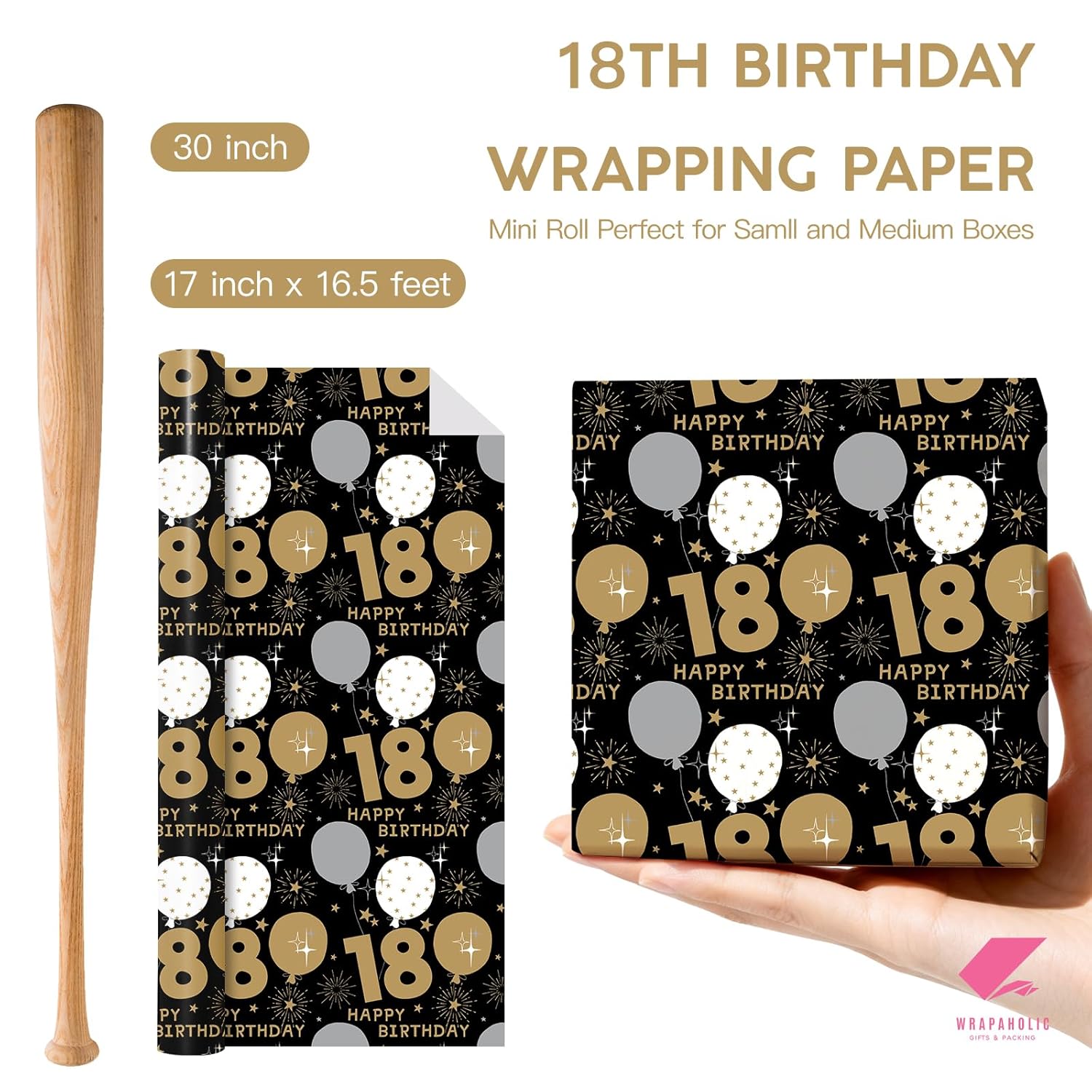 18Th Birthday Wrapping Paper Roll - Mini Roll - 17 Inch X 16.5 Feet - Black Gold Balloon 18 Happy Birthday Wrapping Paper For Boys Girls Teenager