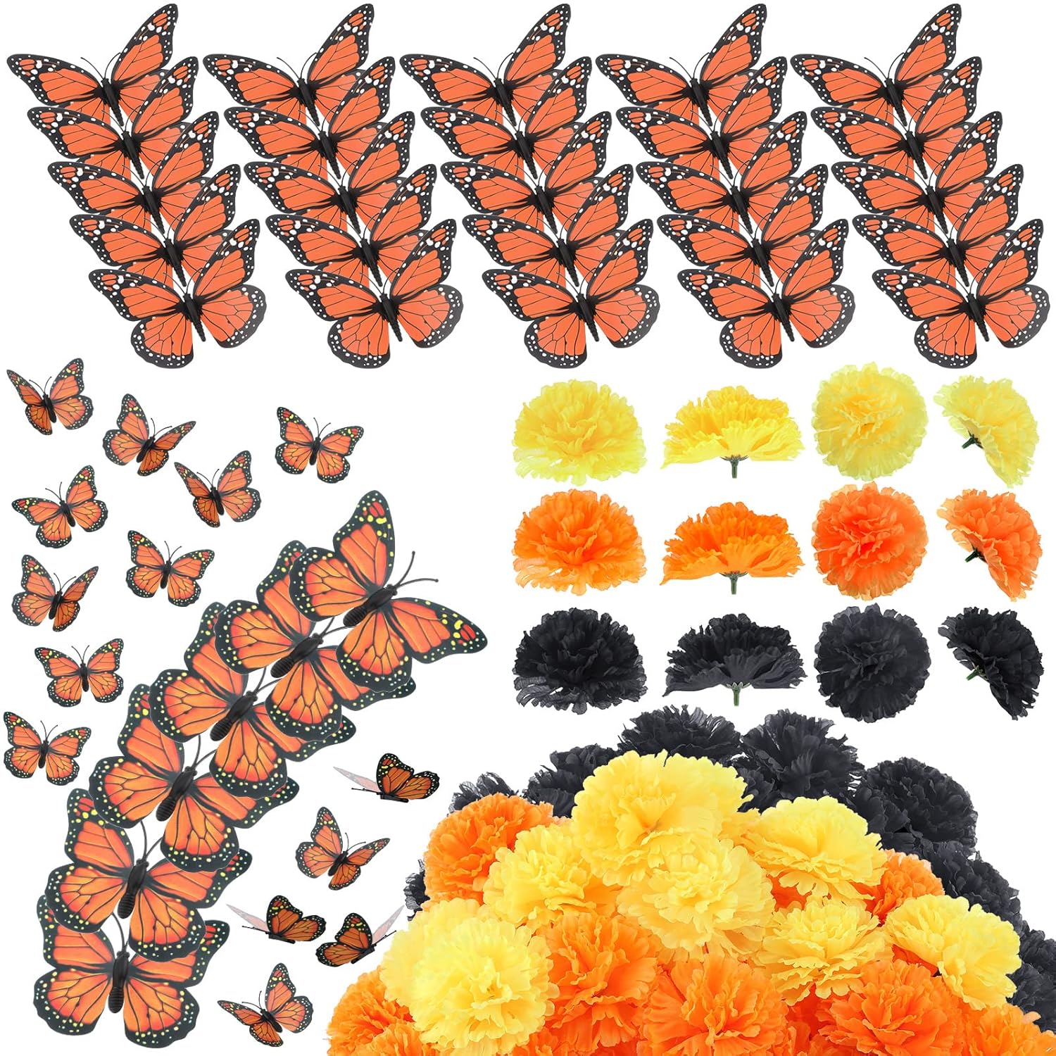 80 Pcs Artificial Marigold Flowers Monarch Butterfly Decorations Kit Dia De Los Muertos Decor Day Of The Dead Decorations Include 20 Fake Butterflies For Crafts 60 Marigold Flowers For Diwali Mexican