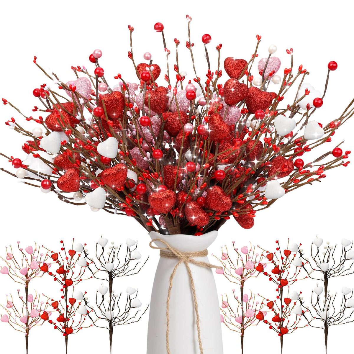 12 Pcs Valentine'S Day Decorations Valentines Picks Artificial Flowers Glitter Berry Flower Stems With Red Pink White Heart Picks Gifts For Wedding Candlelight Dinner