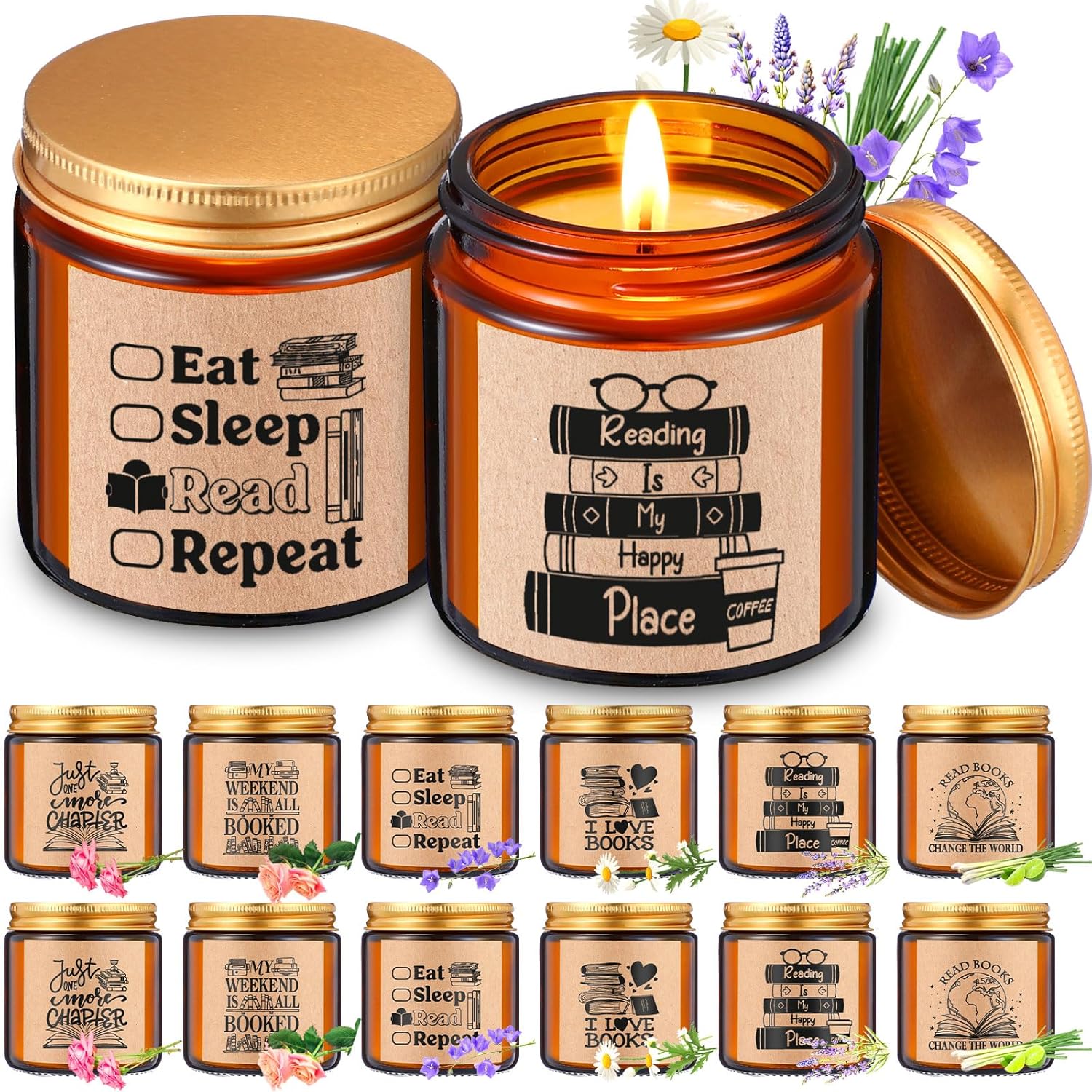 12 Pcs 3.5 Oz Book Candles Book Lover Gift Bulk Club Scented Soy Candles Library Lovers' Day Gifts Rustic Bookshelf Sign Soy Wax Jar Birthday Gifts For Women Men Reader Bookworm Librarian