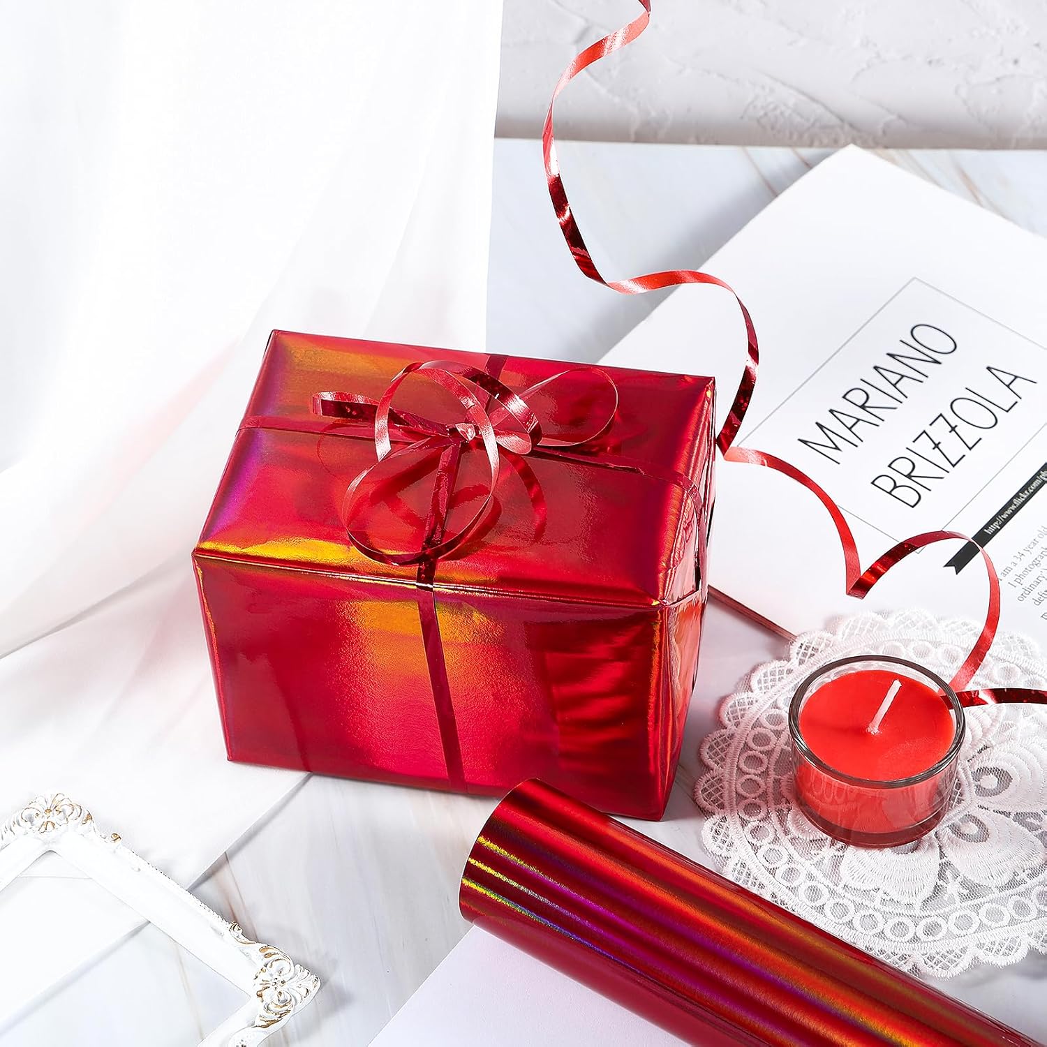 Red Wrapping Paper Roll - Holographic Iridescent Wrapping Paper For Birthday, Chritsmas, Holiday - 17 Inches X 32.8 Feet (47.23 Sq.Ft.)