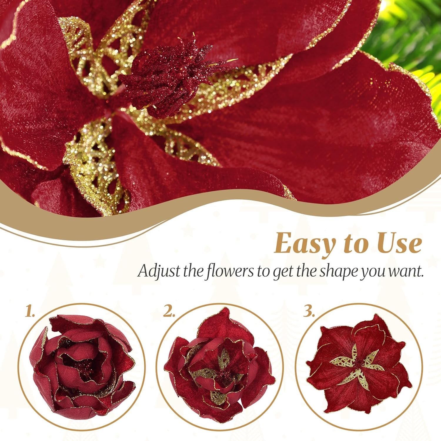 16 Pcs Poinsettia Christmas Flowers Artificial, Glitter Magnolia Poinsettia Flowers Artificial, Sparkling Christmas Decorations For Xmas Tree Party Wreath Fireplace, Burgundy