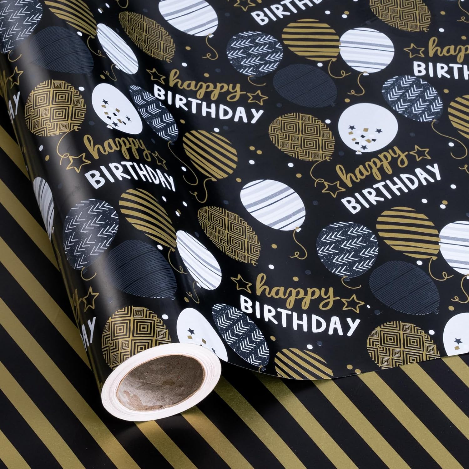 Reversible Wrapping Paper Roll For Birthday, Jumbo Roll, Black Gold Balloon Pattern Ideal For Birthday Party And Special Occasions, 30 Inches X 32.8 Feet