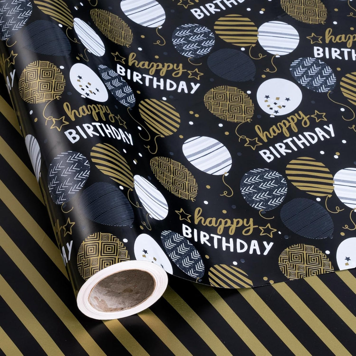 Reversible Wrapping Paper Roll For Birthday, Jumbo Roll, Black Gold Balloon Pattern Ideal For Birthday Party And Special Occasions, 30 Inches X 32.8 Feet