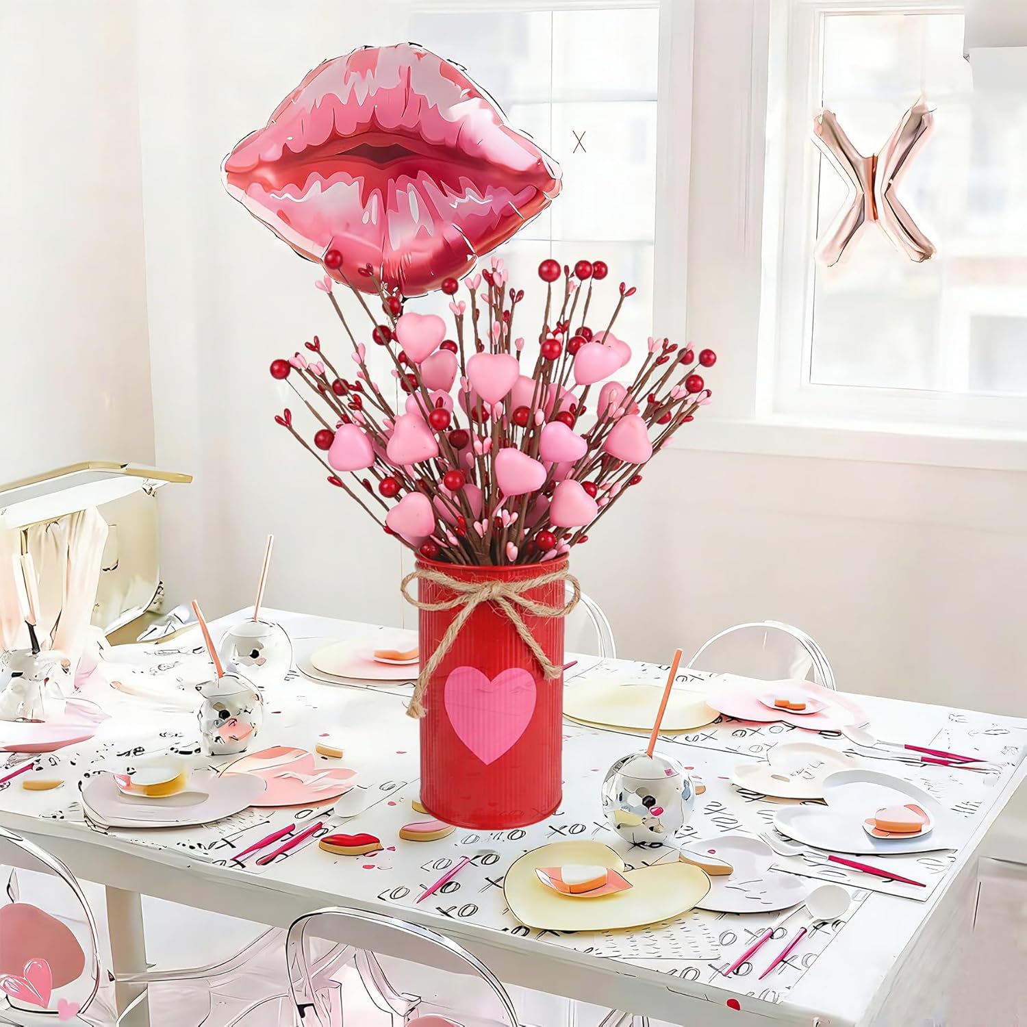 Cute Valentine'S Day Decorations, Artificial Pink Heart Shaped Berry Stems With Metal Pot, Valentines Decor For Table Mantel, Valentines Day Floral Picks For Home School Office Party Wedding