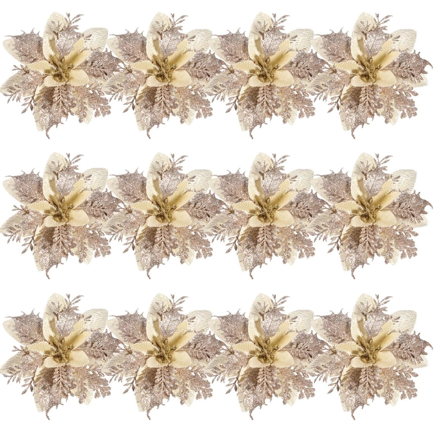 Christmas Poinsettia Flowers Glitter Poinsettias Gold Christmas Tree Decorations Artificial Flowers With Stems And Clips Xmas Wreath Ornaments, 12 Pieces,5.5 Inch