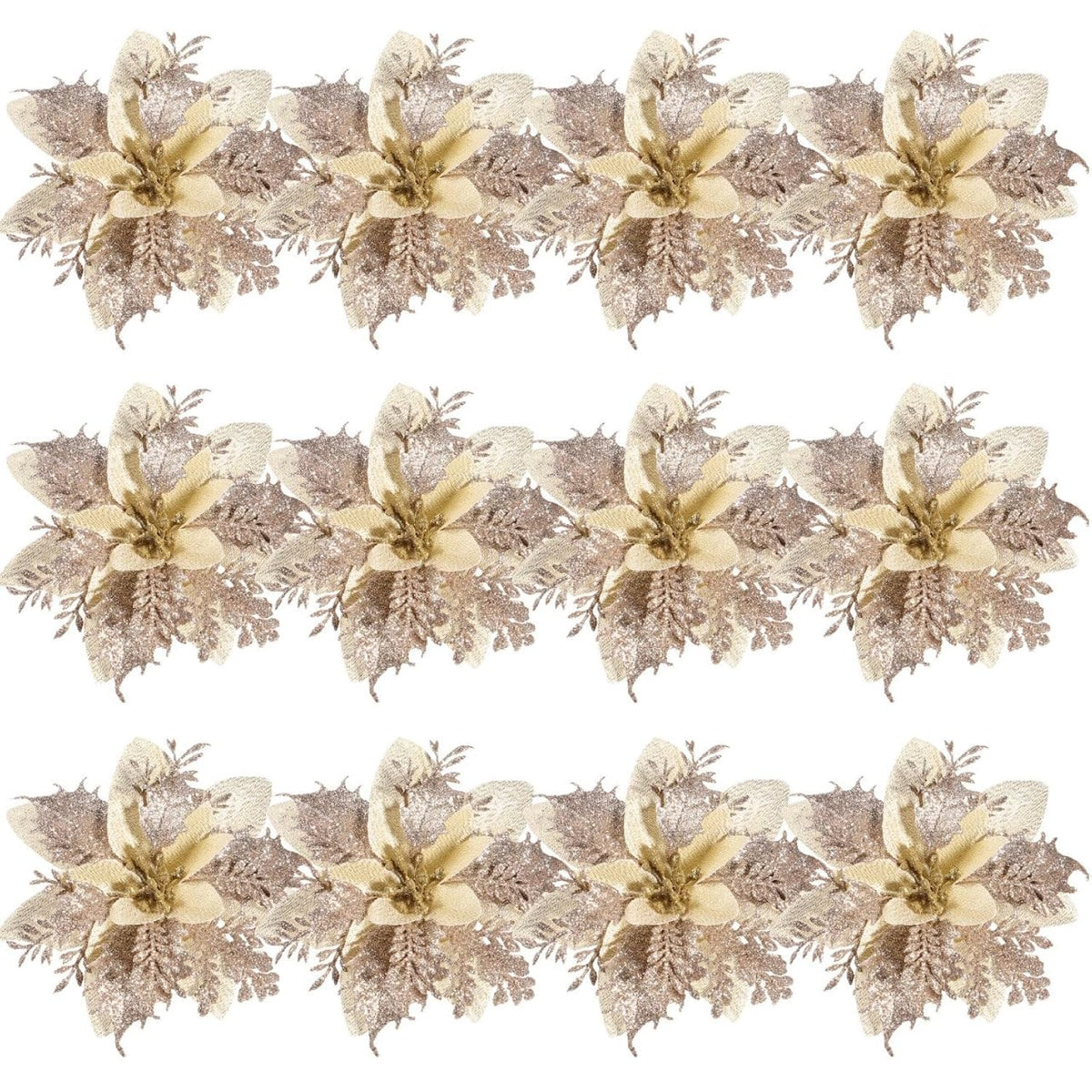 Christmas Poinsettia Flowers Glitter Poinsettias Gold Christmas Tree Decorations Artificial Flowers With Stems And Clips Xmas Wreath Ornaments, 12 Pieces,5.5 Inch