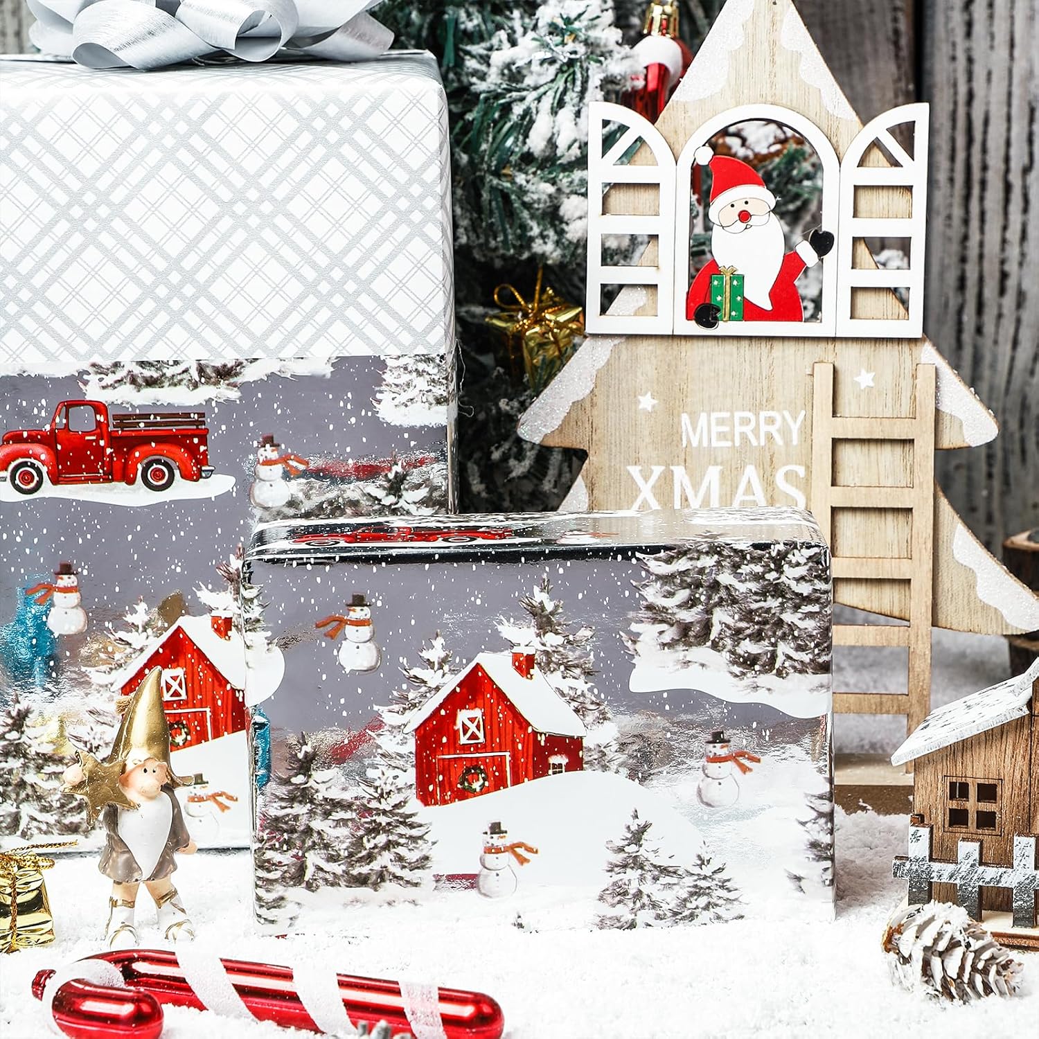 Christmas Silver Wrapping Paper Mini Roll For Boy Kid, Red Truck, Snowy Pine Forest & Grid Plaid, Silver Foil Reversible Design For Winter Holiday Family Gathering, 17 Inches X 32.8 Feet