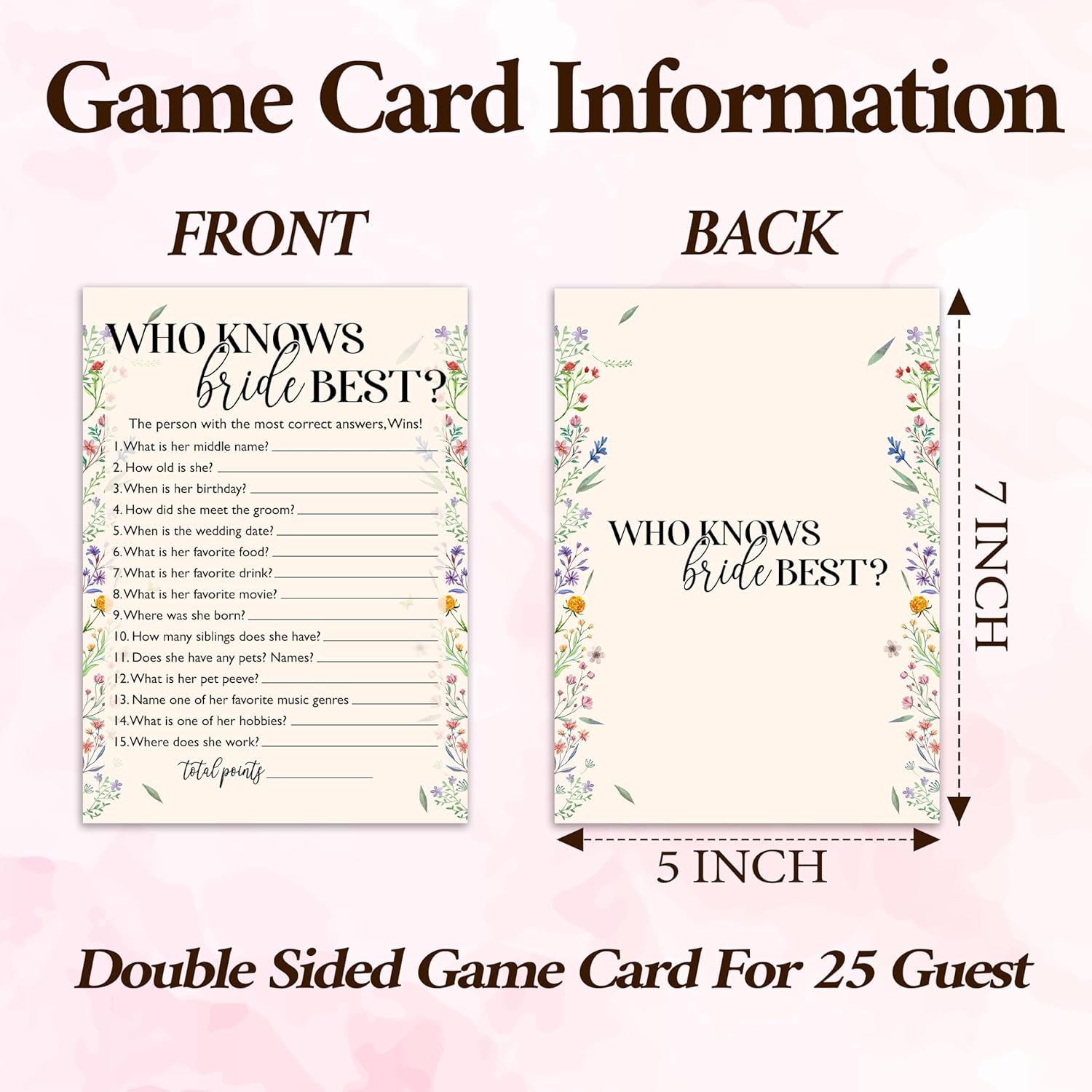 Wildflowers Bridal Shower Game Cards, Who Knows Bride Best Game Cards For Wedding Shower Engagement Party Bachelorette Party Reception, Bridal Shower Decorations, Set Of 25-06