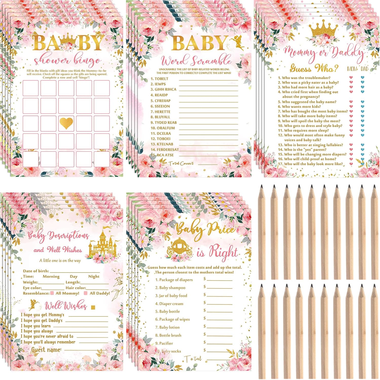 125 Pcs Princess Baby Shower Games For Girls 5 Styles Cards With 20 Pencils For Decorations Baby Shower Activities Include Number Game, Predict Who, Descriptions And Well Wishes, Price
