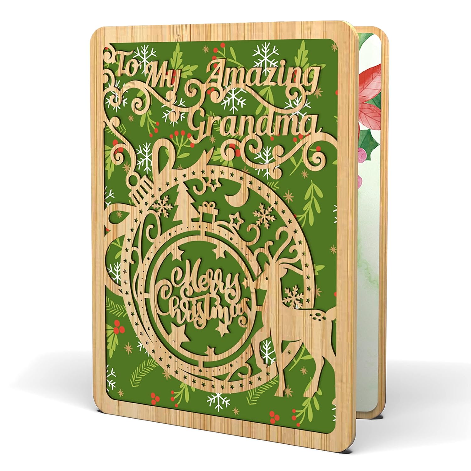 Merry Christmas Card For Grandma - | Made From Real Bamboo | 6" X 4.5" - 1 Pack (Envelope Included) | Laser Cut, Ornament Themed Grandma Christmas Card From Grand Kids Or Great Grand Kids