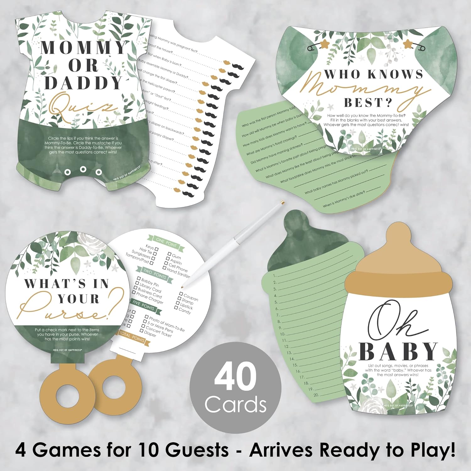 Big Dot of Happiness Boho Botanical Baby Shower Game Pack, 4 Unique Games, 10 Double-Sided Cards Each - Quiz, Facts, Purse Search, Wishes, Quality Design