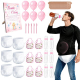 Bottle Chug Baby Shower Game, 50Pcs Bottle Chug Game Set With 6 Bottles, 6 Xl Diapers, 6 Bibs, Sign, Balloons, Pens, Cards, Funny Diaper Baby Shower Game For Party Decoration,Pink