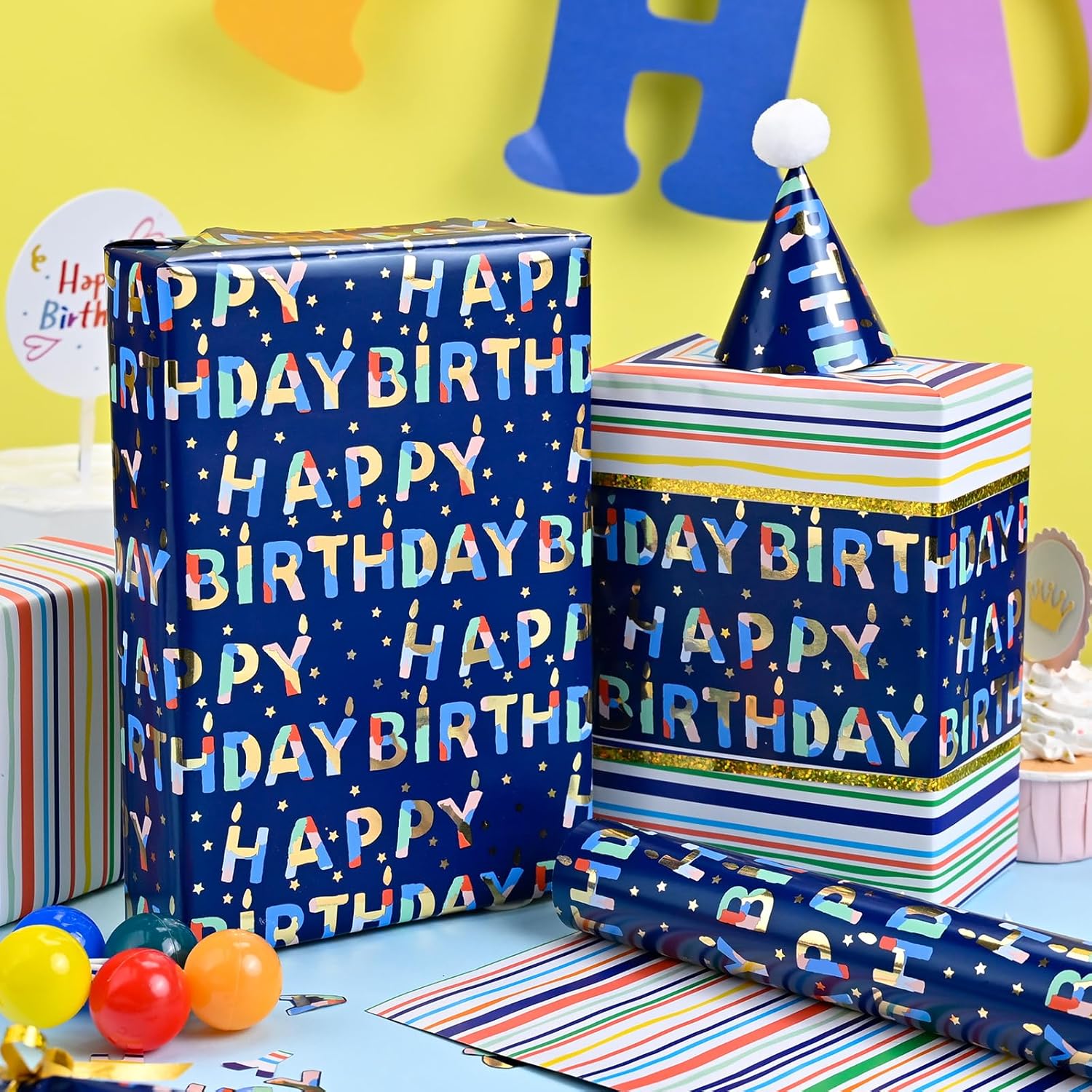 Blue Birthday Wrapping Paper Roll Reversible-Metallic Foil Colorful Birthday Lettering On Navy Blue Gift Wrapping Paper For Boys Girls Birthday,Baby Shower, Party(17 In X 32.8 Ft)