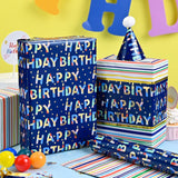 Blue Birthday Wrapping Paper Roll Reversible-Metallic Foil Colorful Birthday Lettering On Navy Blue Gift Wrapping Paper For Boys Girls Birthday,Baby Shower, Party(17 In X 32.8 Ft)