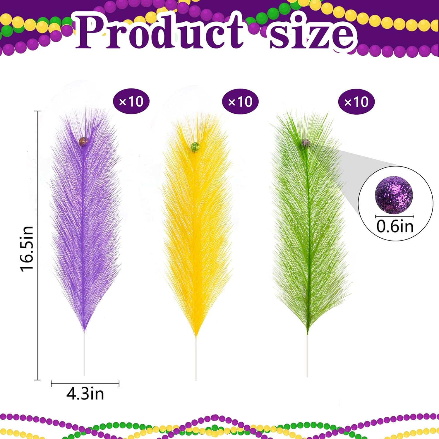 30 Pcs Mardi Gras Artificial Feathers Stems With Glitter Berry, Purple Gold Green Feather Picks Vase Fillers, Mardi Gras Feather Branches Sprays Ornaments For Carnival Party Table Centerpiece Decor