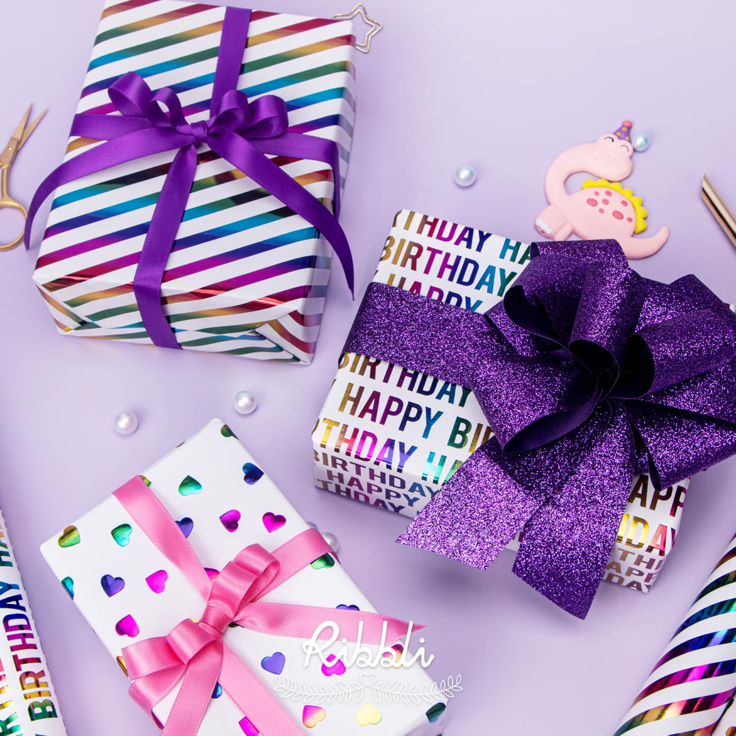 Birthday Wrapping Paper Iridescent Gift Wrap Mini Roll, 3 Rolls Happy Birthday Heart Stripes Printed For Girls Kids - 17 Inch X 120 Inch(10Feet) Per Roll