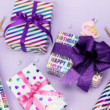 Birthday Wrapping Paper Iridescent Gift Wrap Mini Roll, 3 Rolls Happy Birthday Heart Stripes Printed For Girls Kids - 17 Inch X 120 Inch(10Feet) Per Roll