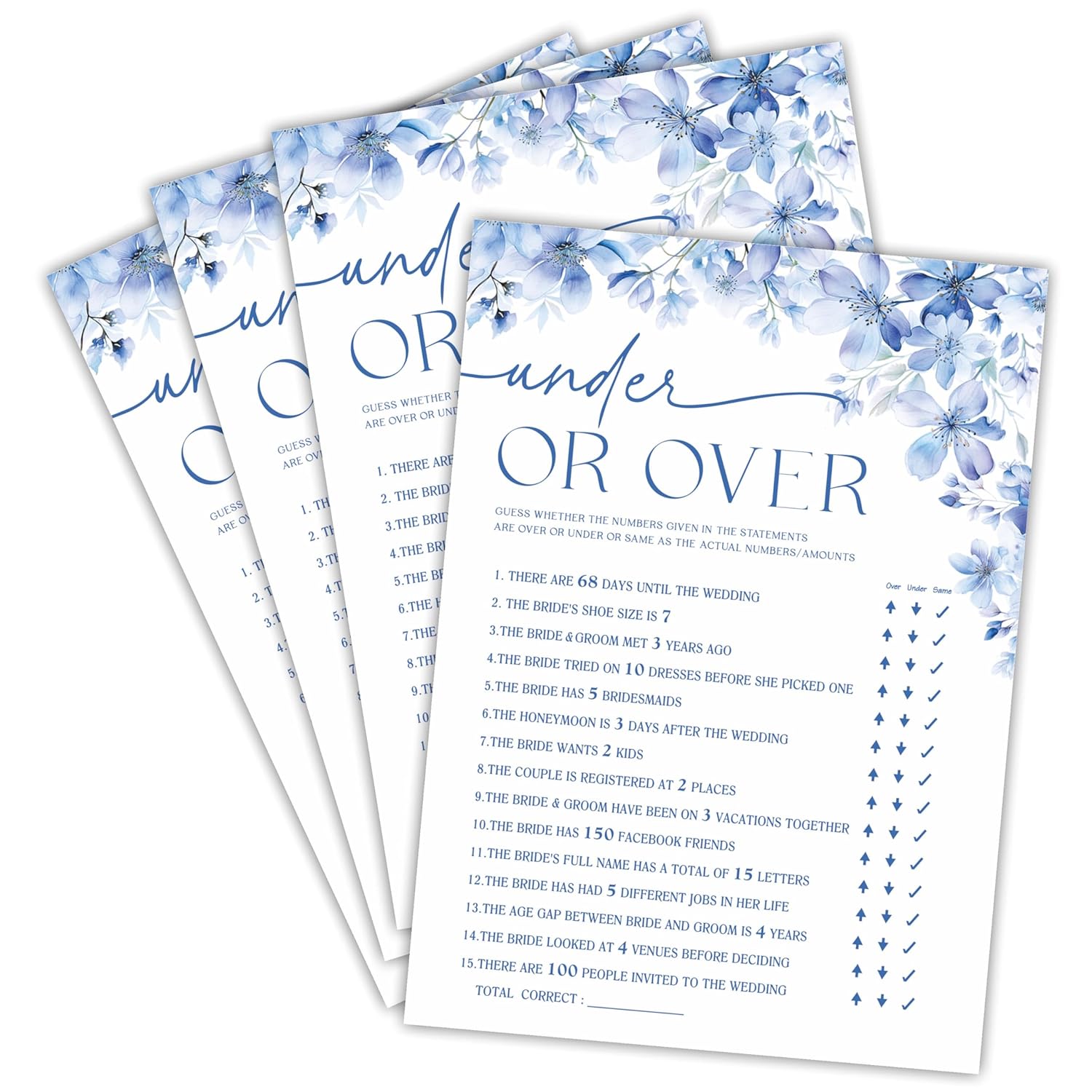 Under Or Over Bridal Shower Game - Blue Floral - 30 Pcs Double-Sided Fill-In Wedding Game Cards For Newlyweds, Engagement Party Activities & Decorations -A04
