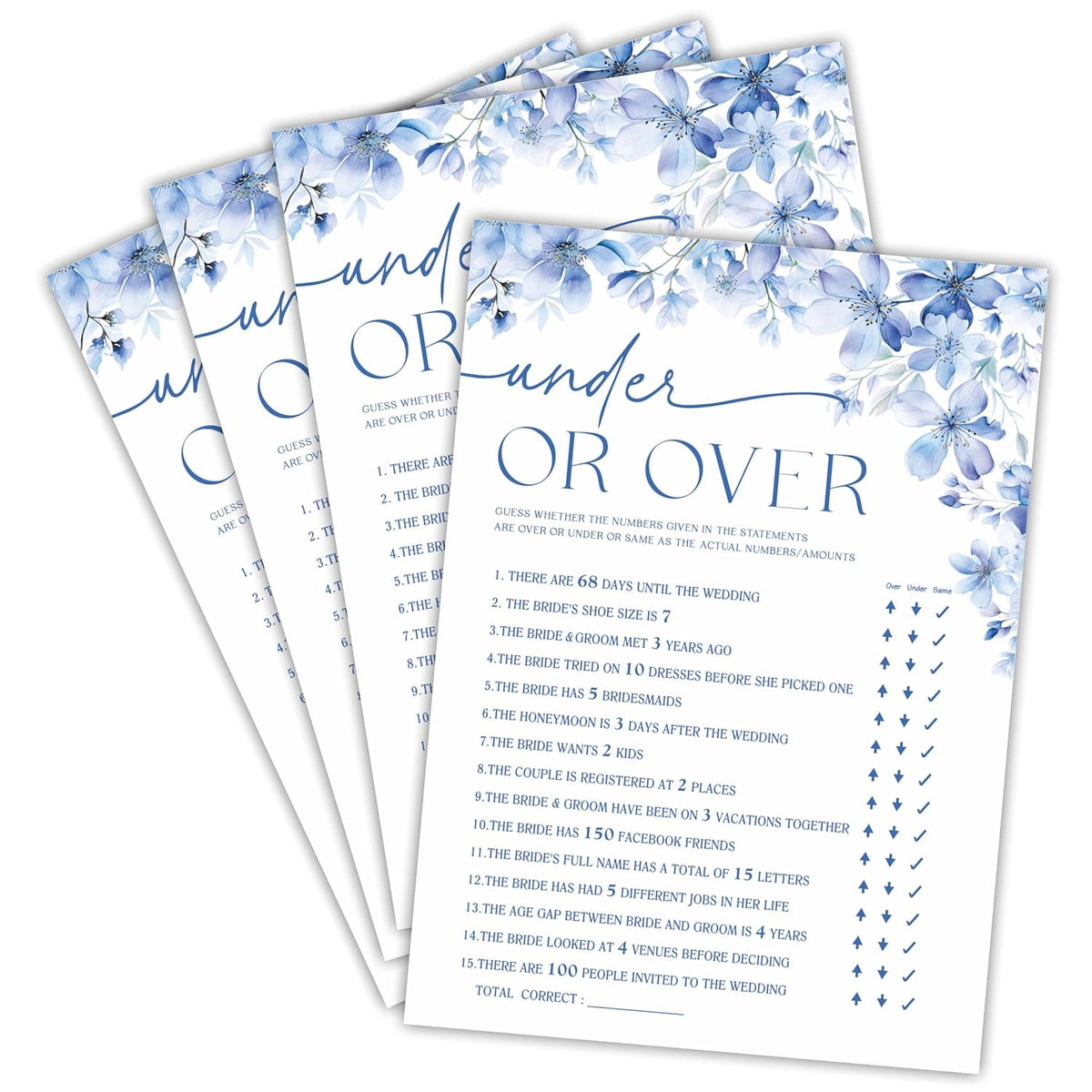 Under Or Over Bridal Shower Game - Blue Floral - 30 Pcs Double-Sided Fill-In Wedding Game Cards For Newlyweds, Engagement Party Activities & Decorations -A04