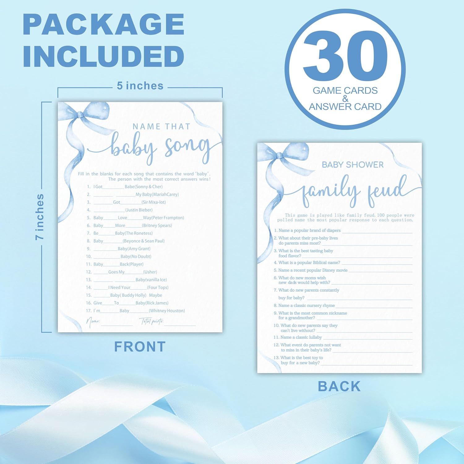 5"X 7" Baby Shower Games Kit, 30 Pcs Blue Bow Baby Song & Family Feud Two-In-One Game Cards With Answer Card, For Parents-To-Be, Baby Announcement, Gender Reveal, Party Favor & Decorations - F10