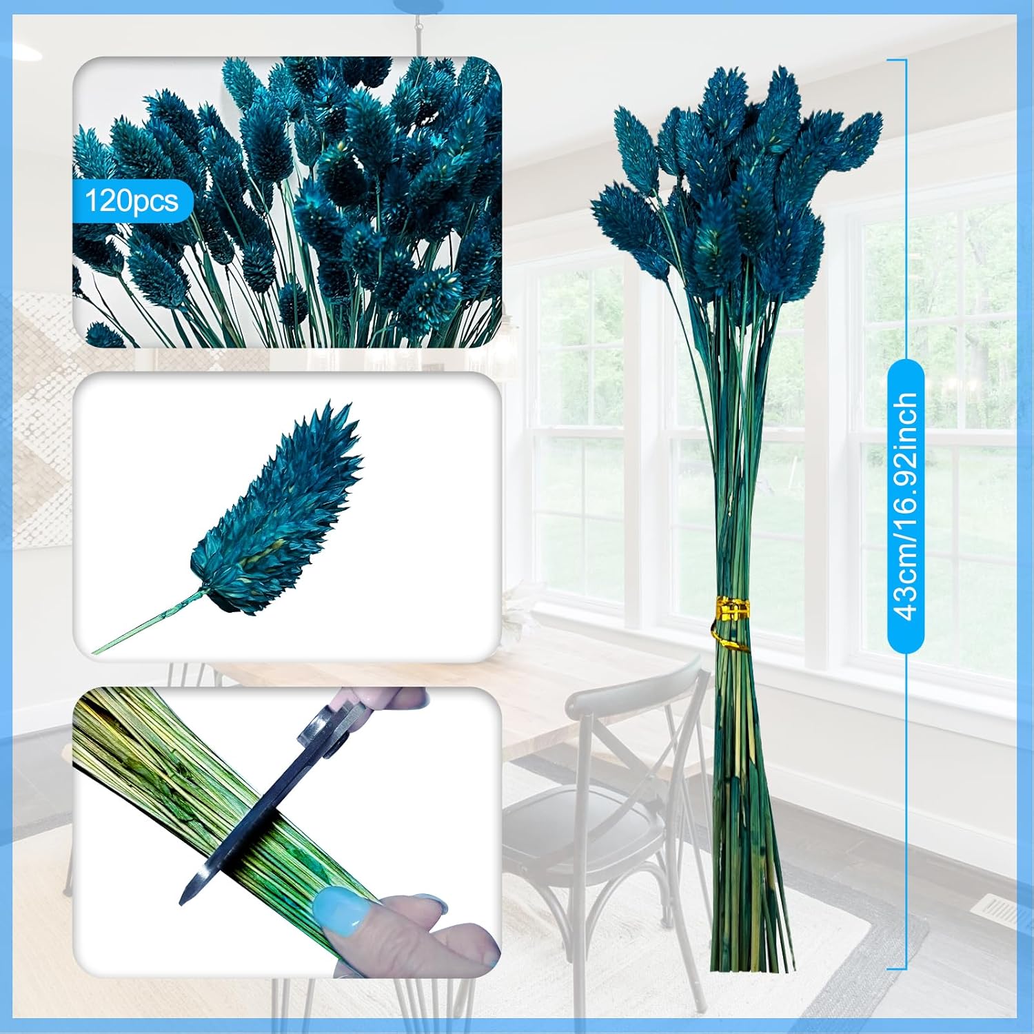 120 Pcs Blue Dried Pampas Grass Decor, 17 Inch Natural Bunny Tails Dried Flowers Bulk For Crafts, Artificial Gem Grass Bundles For Wedding, Party, Farmhouse, Boho Home, Diy Floral Arrangements