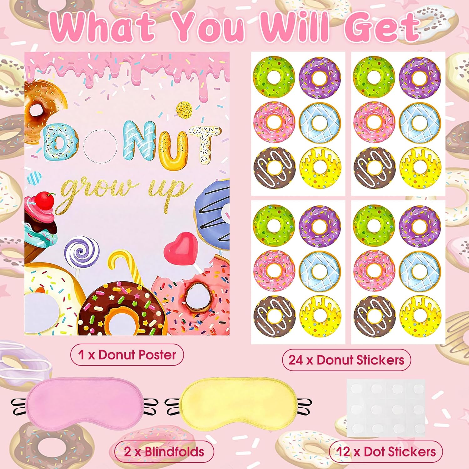 Pin The Donut On The Hook Party Game – Donut Birthday Party Decorations With 24 Stickers, Blindfolds & Large Poster, Fun Party Favor For Kids, Girls, Boys & Doughnut Themed Celebrations