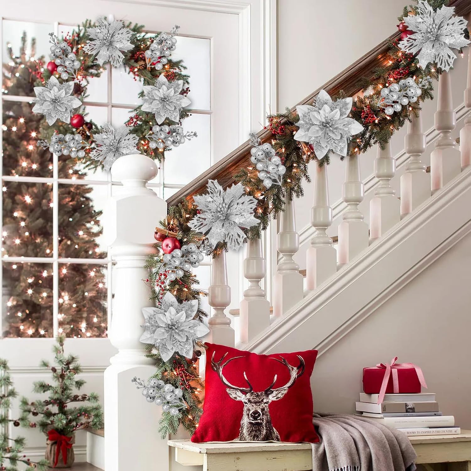 Christmas Flowers Artificial Glitter 24Pcs Poinsettia Flowers Berries Christmas Decoration Xmas Tree Ornaments Wreath Garland Decoration, Silvery