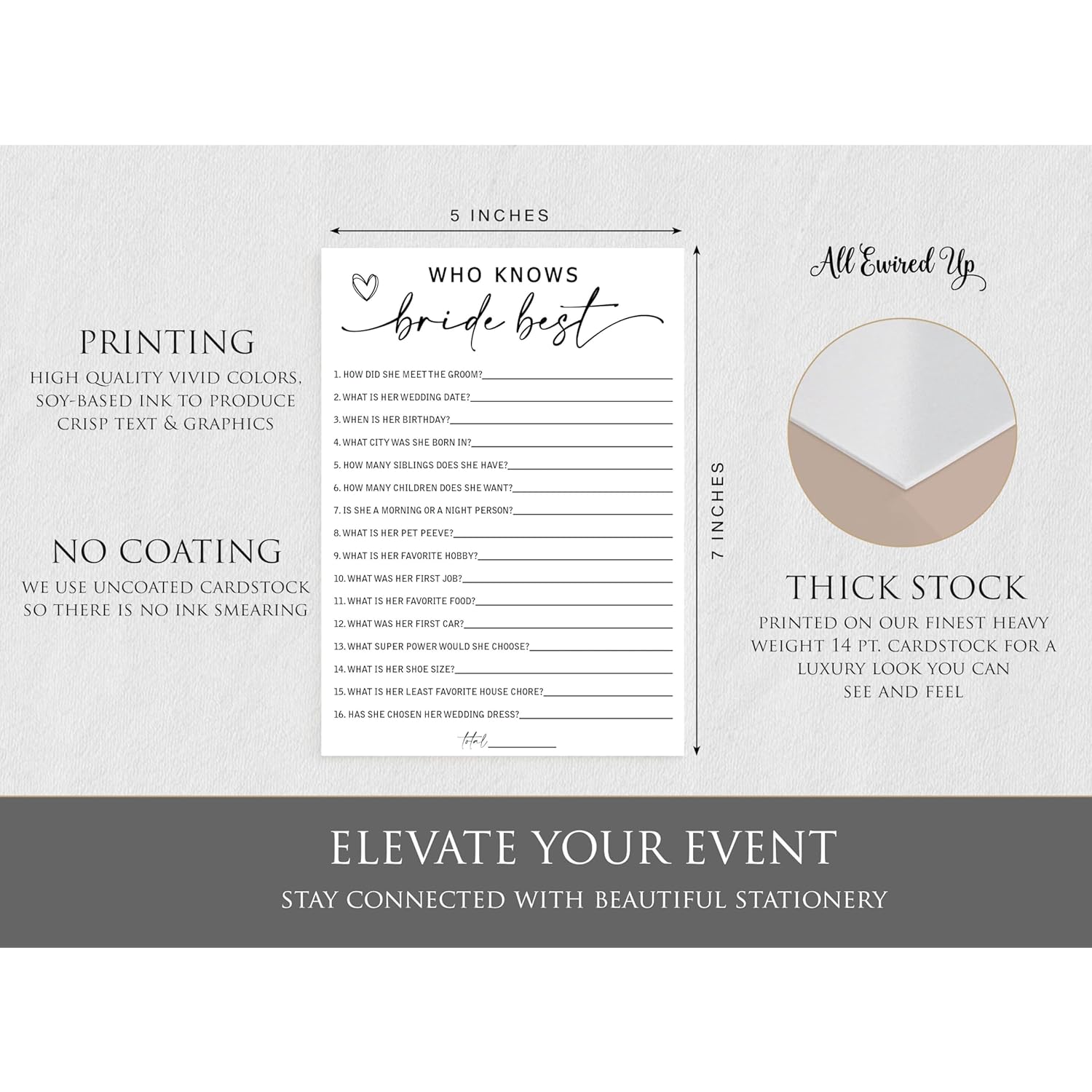 50 Who Knows The Bride Best (50-Cards) Fun Wedding Shower Decorations Engagement Party Rehearsal Dinner Game Activity, How Well Do You Know The Bride, Minimalist Script