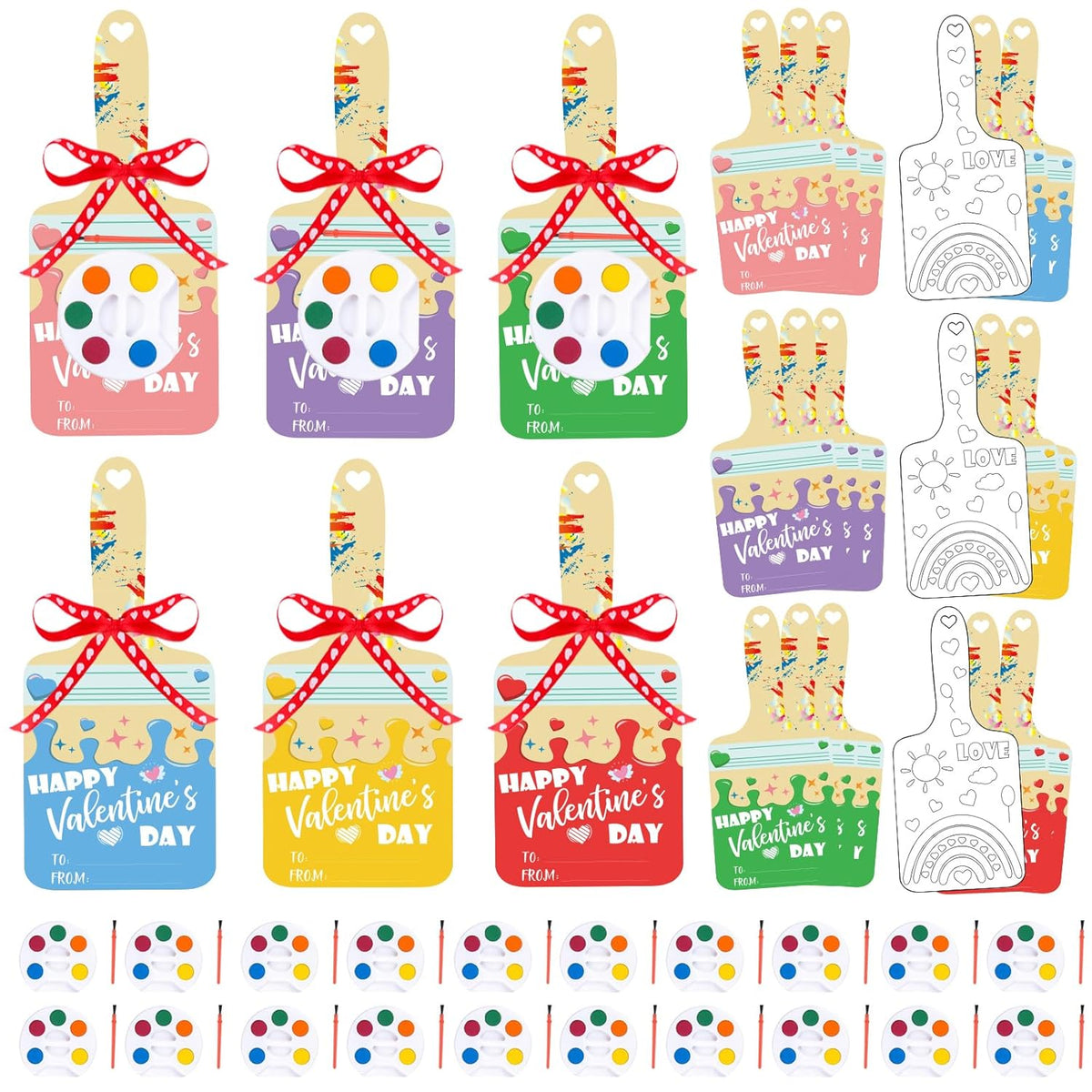 24 Pcs Valentines Day Gifts For Kids Class, Classroom Exchange Cards Mini Watercolor Paint Set, Preschool Art Party Favors, Watercolor Palette School Party Supplies