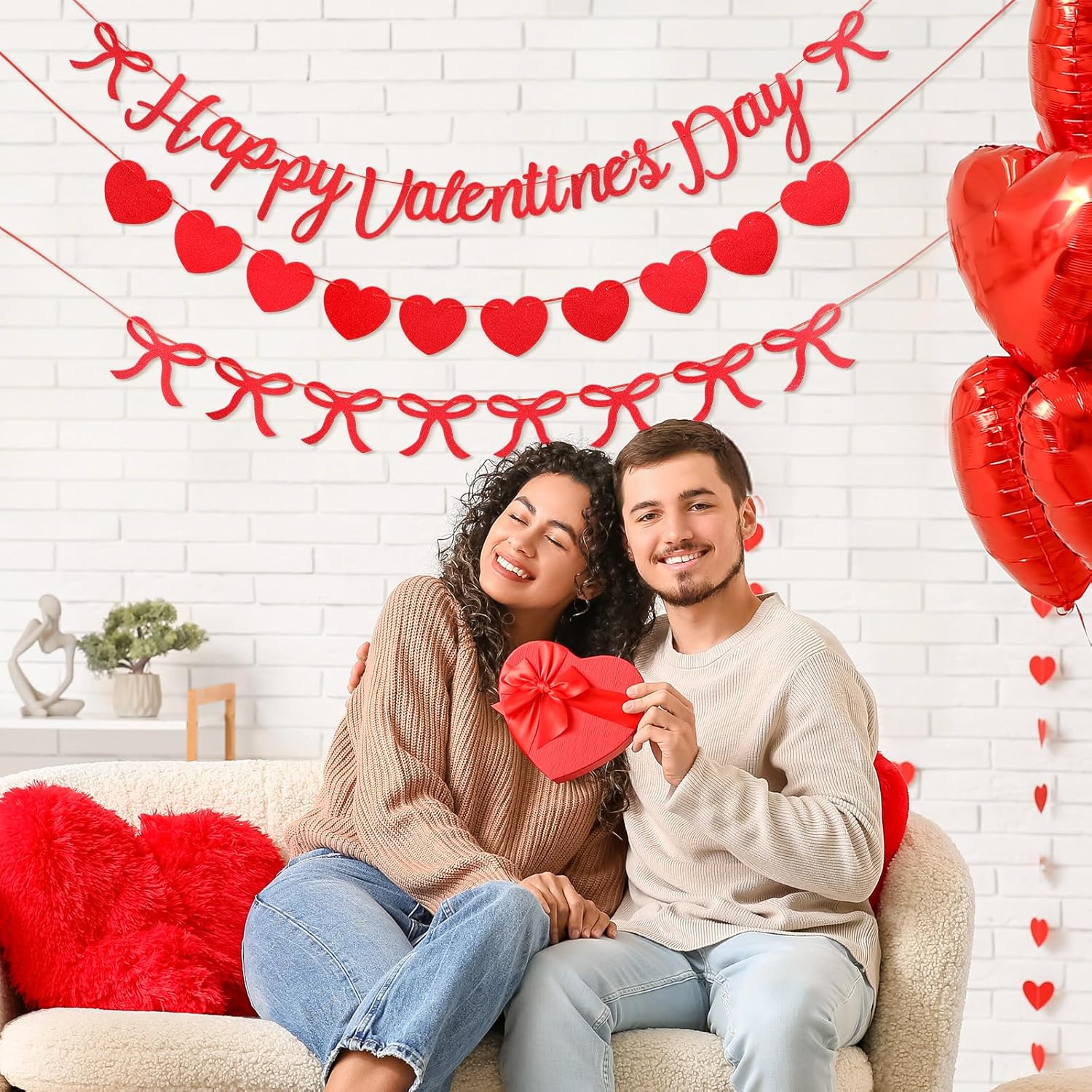 3 Pcs Happy Valentine'S Banner With Bow No Diy Red Pink Heart Garland Reusable Paper Valentine'S Decorations Women Party Wedding Decor (Classic,Red)