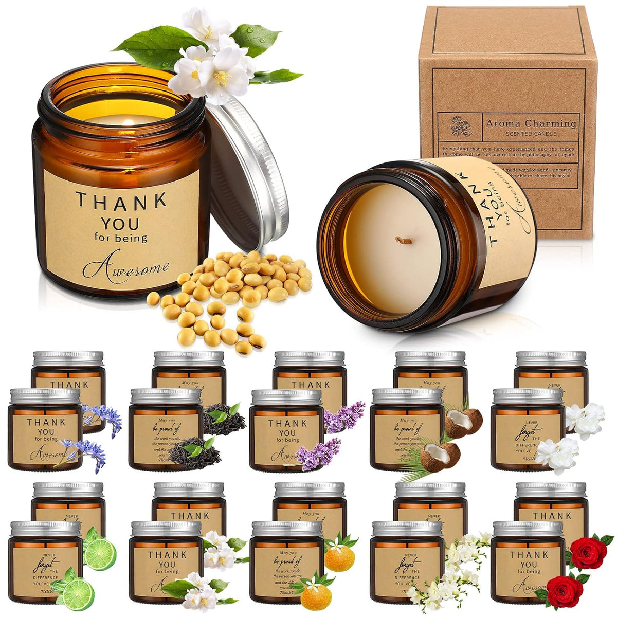20 Pcs Jars Scented Soy Candles, Thank You Gifts For Employee, 3.5 Oz Thank You Candles, Scented Inspirational Candle Gift, Employees Presents Candle Scented Candles For Secretaries Women Men