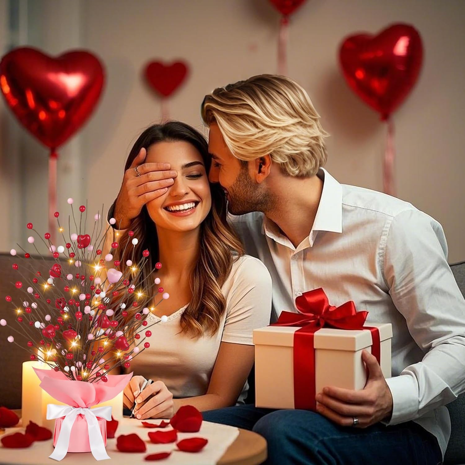 Heart-Shaped Artificial Berry Tree With Warm White Led Lights | Home Decor For Room, Mantel, Shelf & Tabletop Decoration | Indoor Fake Plant