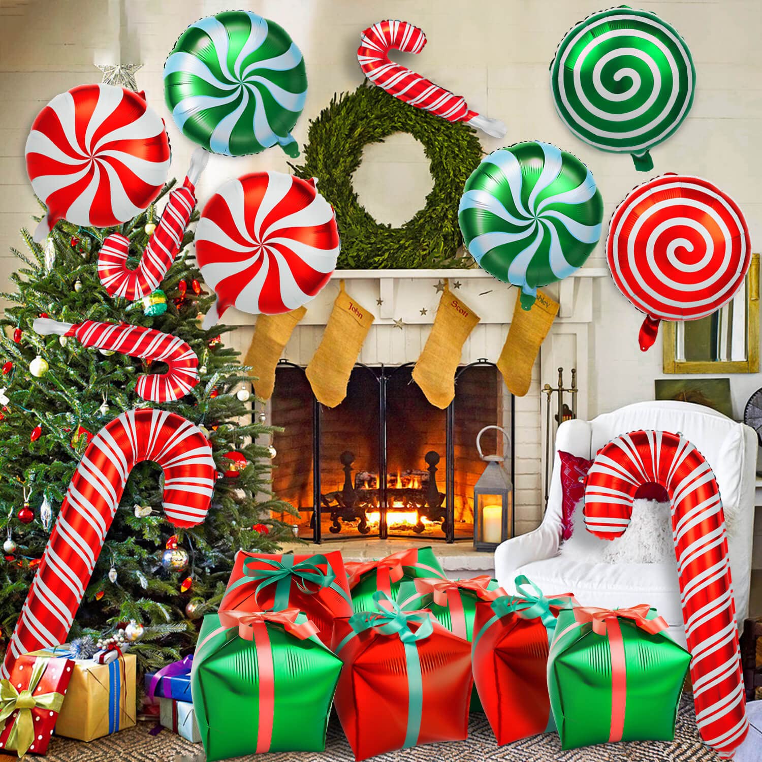 32Pcs Christmas Balloons Kit, Candy Cane Foil Balloons With Ribbons, Red Green Mylar Balloon For Party Decorations