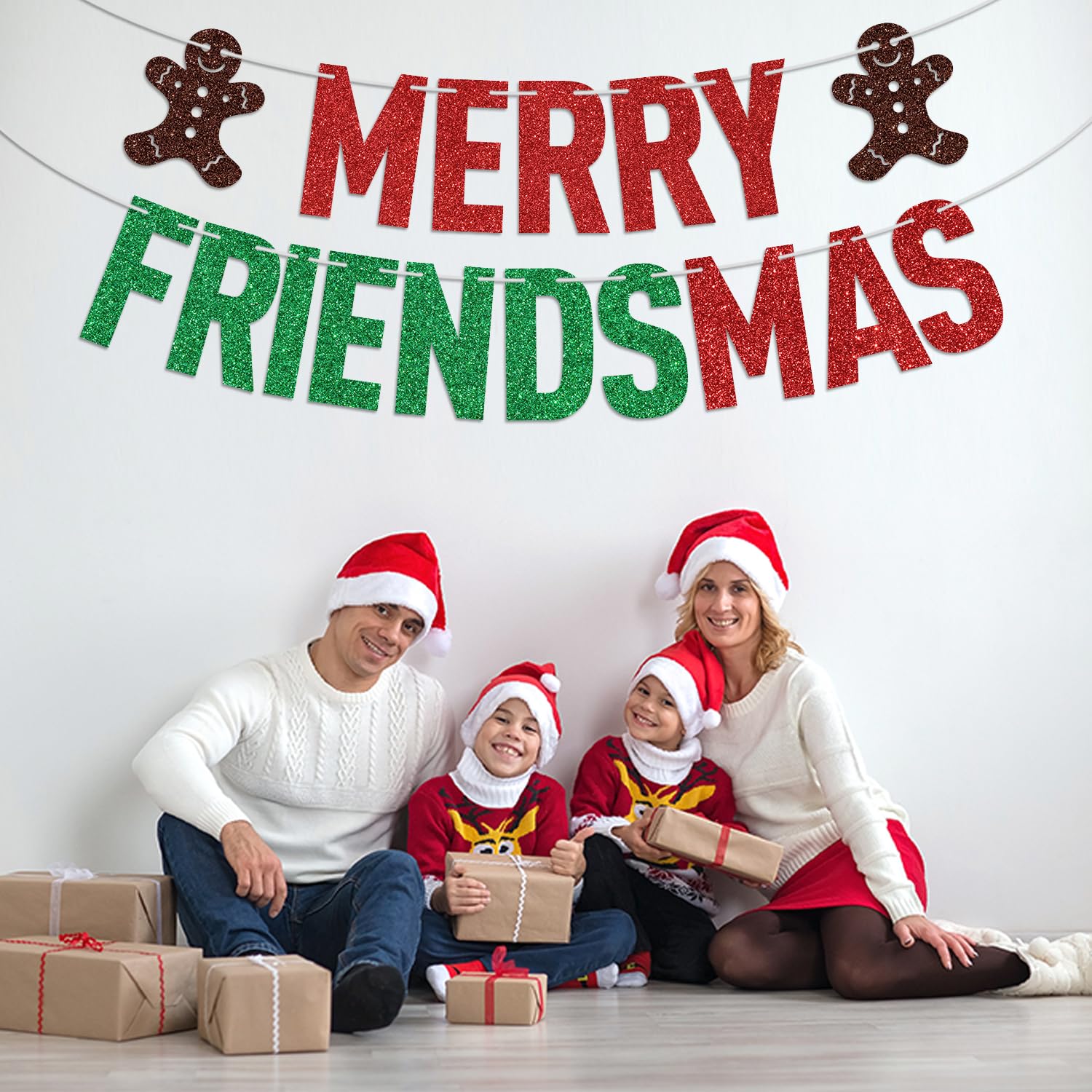 Red Glitter Merry Friendsmas Banner, Merry Christmas/Drink Up Grinches, Xmas Friends Christmas Holiday Party Decorations Supplies