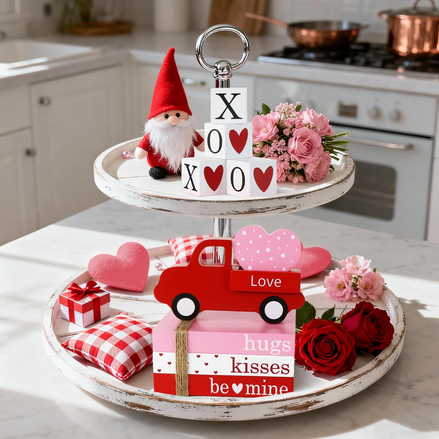 Valentines Day Decorations Wooden Sign, Valentines Wood Book Stack With 4 Xoxo Signs & Red Truck & Pink Heart, Farmhouse Valentines Table Decor Centerpiece For Home Office Mantel Shelf Tiered Tray