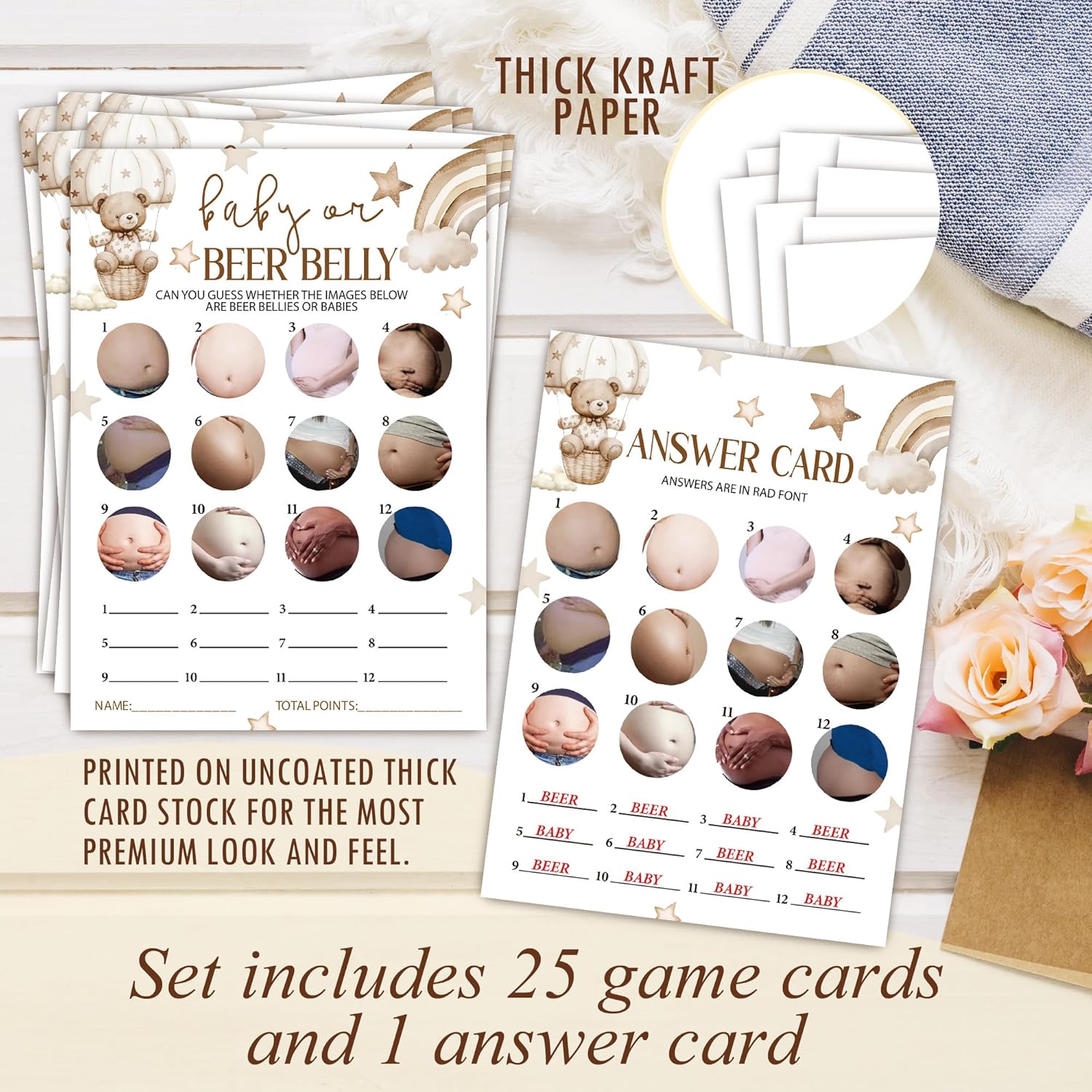 Baby Or Beer Belly Shower Games, 5X7 Inch Brown Bear Card, 25 Gender Neutral With 1 Answer Card, Little Star Gender Reveal Decorations, Infant Party Favor Supplies-B08