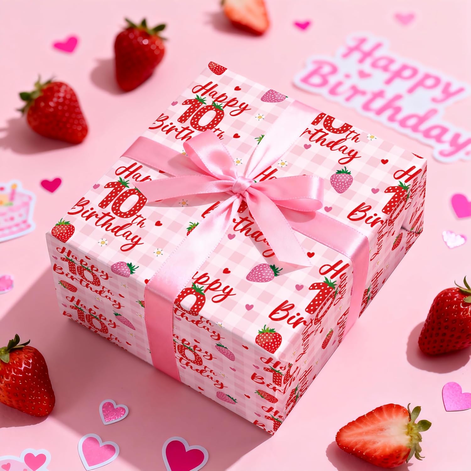 Happy 10Th Birthday Wrapping Paper Roll, Strawberry & Pink Gingham Gift Wrap For Girl’S Tenth Birthday Party, Kids Age10 Decorations & Presents, Mini Roll 17 In X 16.4 Ft