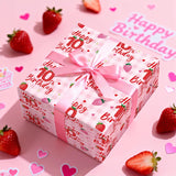 Happy 10Th Birthday Wrapping Paper Roll, Strawberry & Pink Gingham Gift Wrap For Girl’S Tenth Birthday Party, Kids Age10 Decorations & Presents, Mini Roll 17 In X 16.4 Ft
