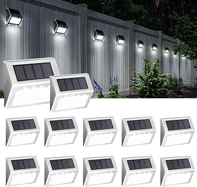 12 Pack Solar Fence Lights Outdoor Waterproof 4 LED Deck Step Pathway Garden Lights