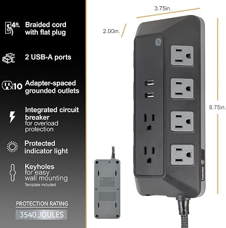 Surge Protector Power Strip with USB Ports 4 Ft Braided Extension Cord