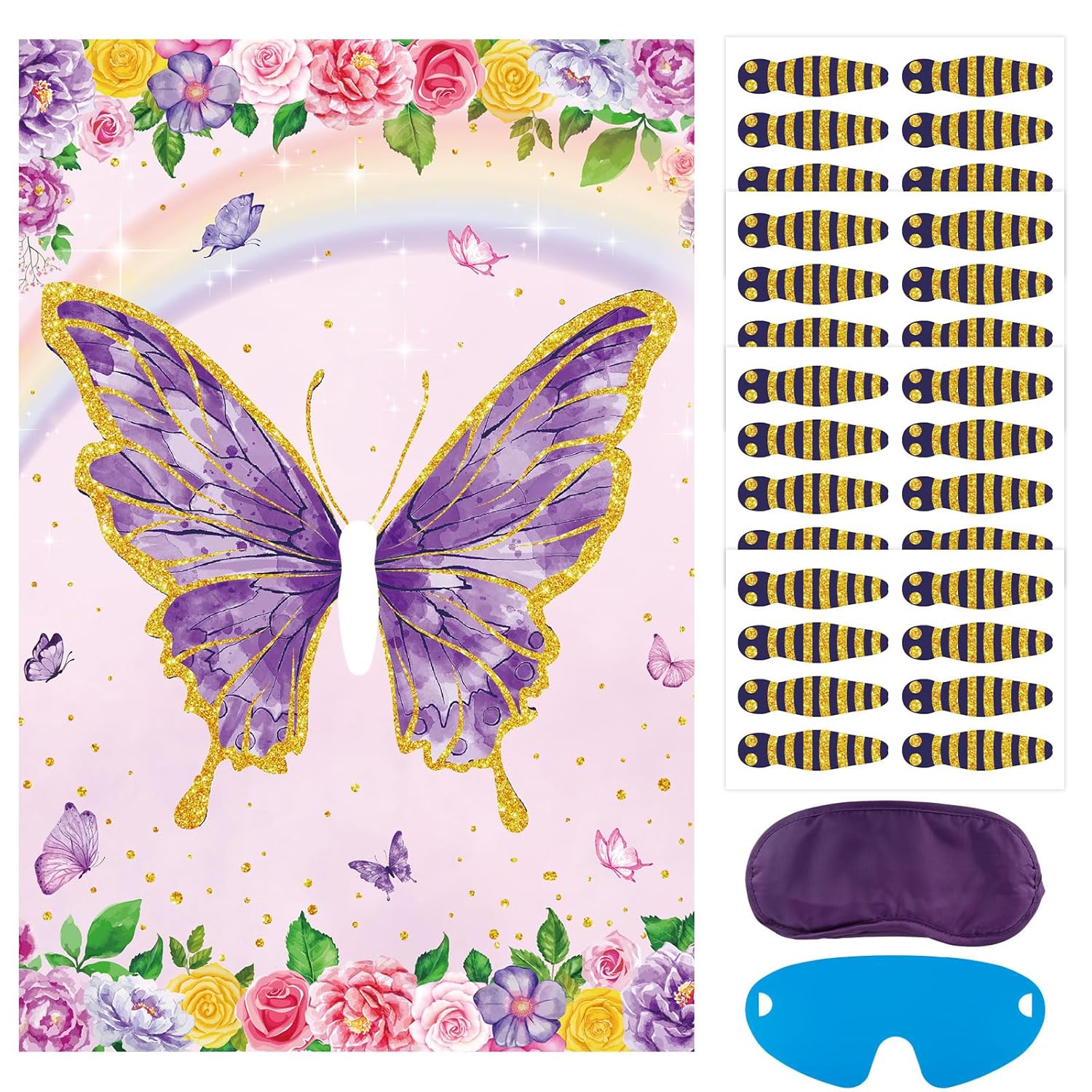 Pin The Tail On The Butterfly With 32 Pcs Tails Large Purple Butterfly Party Games Poster For Kids Birthday Party Gift Decor Carnival Party Supplies, 20'' X 28''