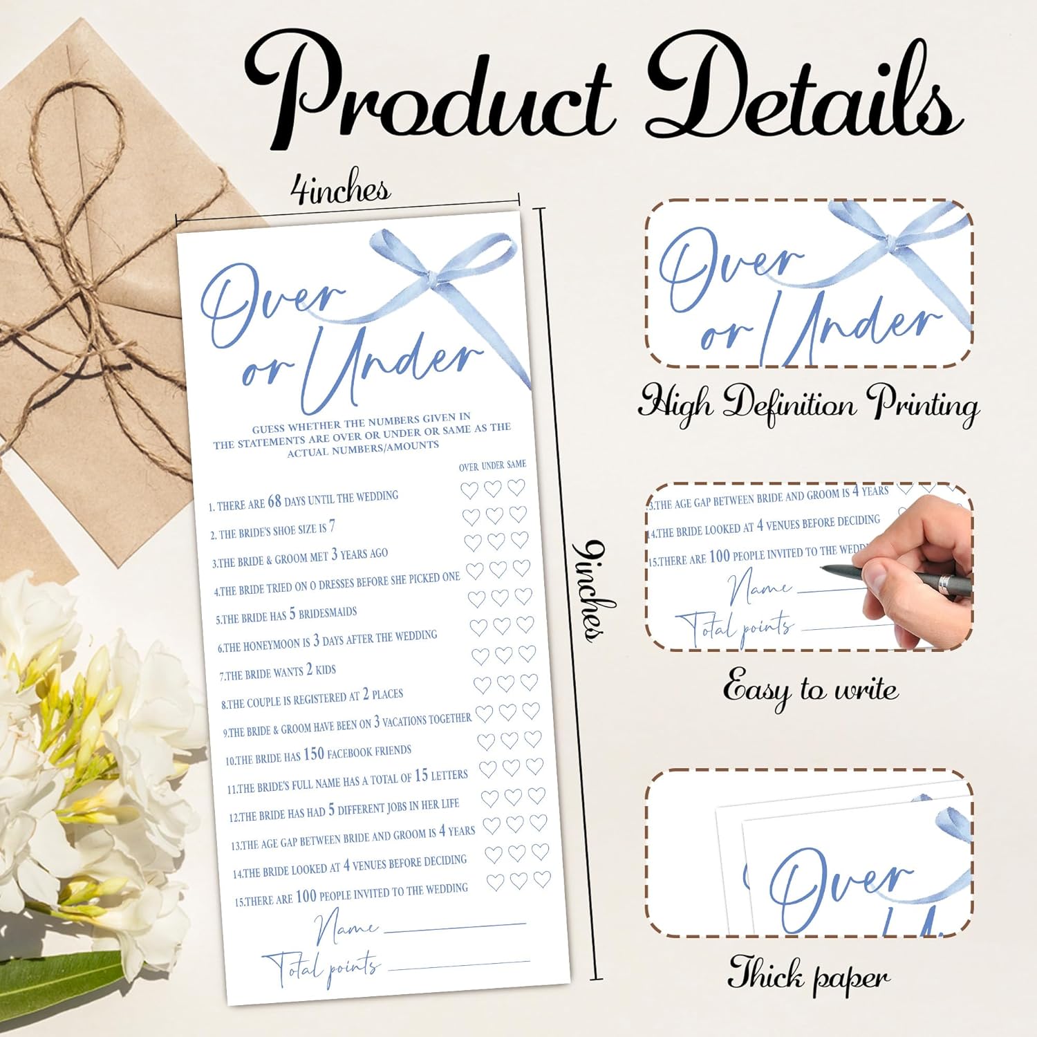 Blue Bow Wedding Shower Games, Over Or Under Wedding Games For 25 Guests, Engagement Bridal Shower Party Cards, Engagement & Bridal Party Supplies-4X9 Inch-A14